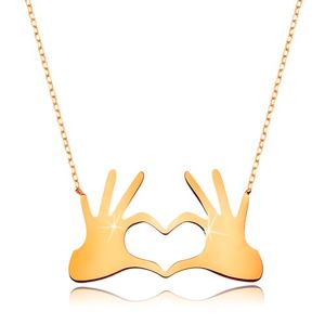 Náhrdelník ze žlutého 9K zlata - srdce ze dvou spojených dlaní, jemný řetízek