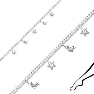 Náramek na kotník z 925 stříbra - zdvojený řetízek, zdobený delfíny a hvězdicemi