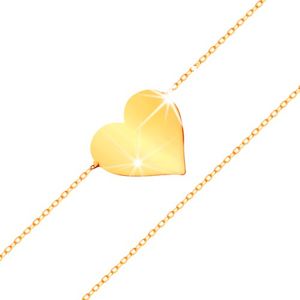 Náramek ve žlutém 14K zlatě - zrcadlově lesklé ploché srdce, blýskavý tenký řetízek