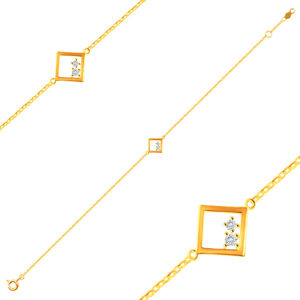 Náramek z 9K žlutého zlata - plochá oválná očka, přívěsek obrys kosočtverce se dvěma zirkony