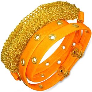 Náramek z umělé kůže - zlaté řetízky, neonově oranžový vyrážený pás