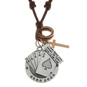 Nastavitelný kožený náhrdelník, přívěsky - piková postupka, kříž, známka