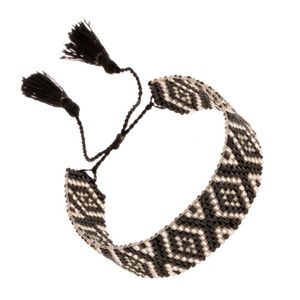 Nastavitelný náramek z korálků, kosočtvercový vzor, černá a stříbrná barva
