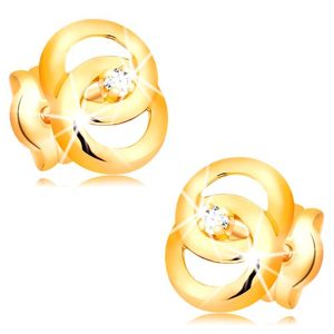Náušnice ve žlutém 14K zlatě - dva propojené prstence, briliant uprostřed