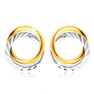 Náušnice z kombinovaného zlata 585 - dva propletené prstence, podélné zářezy