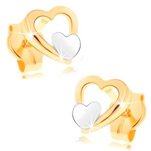Náušnice ze 14K zlata - lesklý obrys srdce, malé ploché srdíčko v bílém zlatě