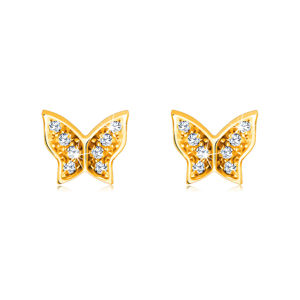 Náušnice ze 14K zlata - motýl zdobený lesklými kulatými zirkony, puzetky