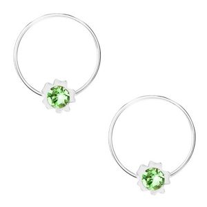 Náušnice ze stříbra 925, kroužek a kvítek se světle zeleným krystalkem