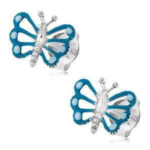 Náušnice ze stříbra 925, motýl s modrými křídly a patinovaným tělem