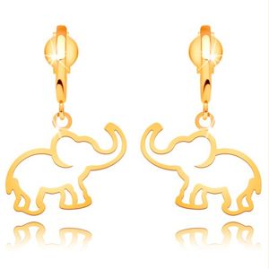 Náušnice ze žlutého 14K zlata - kontura slona visící na lesklém oblouku