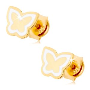 Náušnice ze žlutého 14K zlata - lesklý plochý motýlek, kontura z bílé glazury