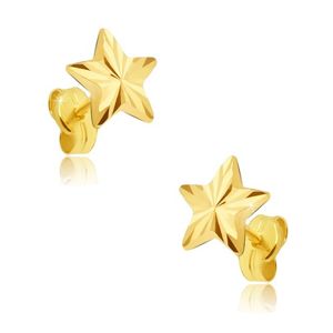 Náušnice ze žlutého 14K zlata - pěticípá blyštivá hvězda, paprskovité rýhy