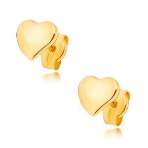 Náušnice ze žlutého 9K zlata - ploché zrcadlově lesklé nesouměrné srdce