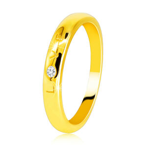 Obroučka ve žlutém 585 zlatě - nápis "LOVE" se zirkonem, hladký povrch, 1,6 mm - Velikost: 56