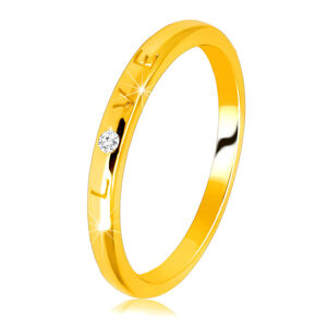Obroučka ve žlutém 585 zlatě - prsten s vygravírovaným nápisem "LOVE", kulatý zirkon - Velikost: 49