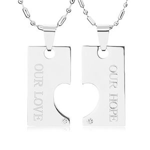Ocelové náhrdelníky pro dva, známka s výřezem ve tvaru polovičního srdce, nápis