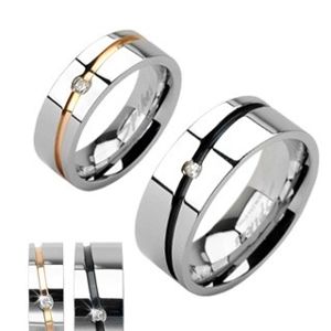 Ocelové snubní prsteny stříbrný, zlatý pruh, černý pruh se zirkonem - Velikost: 73