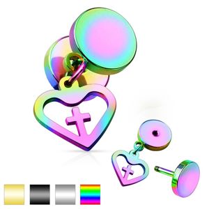 Ocelový fake plug, dva lesklé kruhy a přívěsek - kontura srdce s křížem - Barva piercing: Duhová