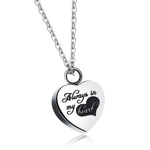 Ocelový náhrdelník, stříbrná barva - přívěsek ve tvaru srdce "Always in my heart" - navždy v mém srdci