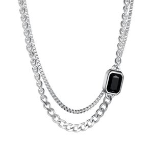 Ocelový náhrdelník stříbrný - černý skleněný kámen, dvojitý řetízek