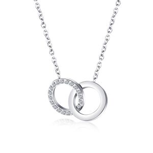 Ocelový náhrdelník ve stříbrné barvě - spojené kroužky, čiré zirkony