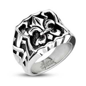 Ocelový pečetní prsten - Fleur de Lis - Velikost: 69