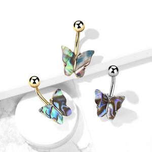 Ocelový piercing do břicha - symetrický motýl s mušlí Abalone, povrchová úprava PVD - Barva: Stříbrná