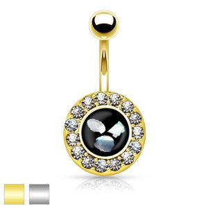 Ocelový piercing do bříška, černý kruh s kousky perleti, zirkonový lem - Barva piercing: Zlatá