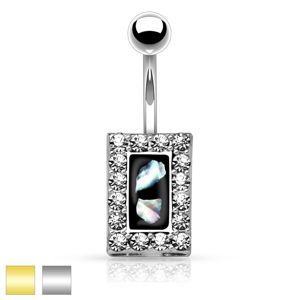 Ocelový piercing do bříška, černý obdélník s kousky perleti, zirkonový lem - Barva piercing: Zlatá
