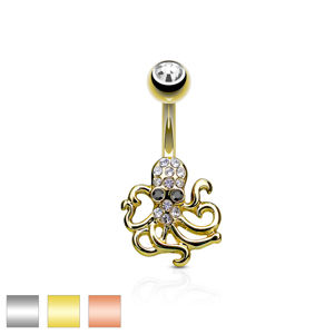 Ocelový piercing do bříška - chobotnička, čiré a černé zirkony - Barva piercing: Zlatá