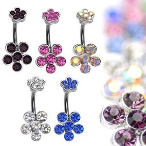 Ocelový piercing do bříška ukončený zirkonovými květy - Barva zirkonu: Růžová - P