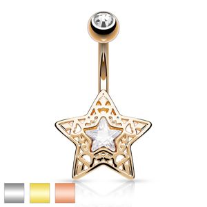 Ocelový piercing do bříška - vyřezávaná hvězdička s blýskavým zirkonem uprostřed - Barva piercing: Zlatá