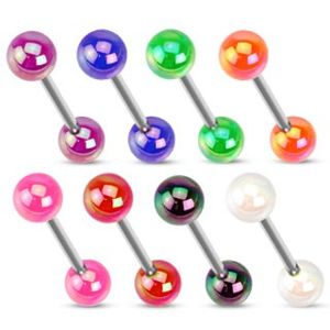Ocelový piercing do jazyka, dvě barevné kuličky s metalickým leskem - Barva piercing: Růžová