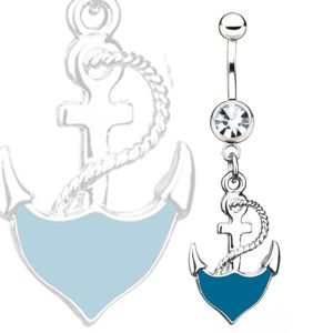 Ocelový piercing do pupíku - modrá kotva s lanem, čirý kamínek