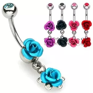 Ocelový piercing do pupíku - rozkvetlé kovové růže, pokovené rhodiem - Barva: Růžová