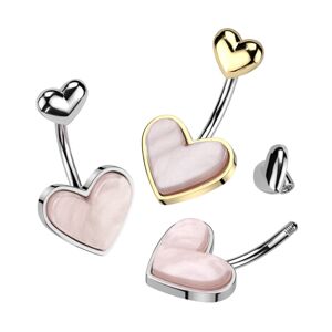 Ocelový piercing do pupíku - růžové perleťové srdce, hladký okraj - Barva: Zlatá