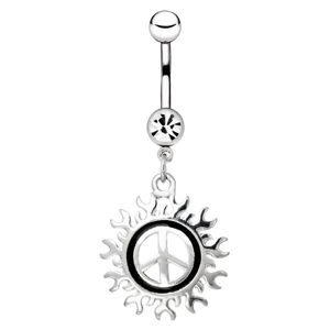 Ocelový piercing do pupíku - symbol míru s motivem slunce