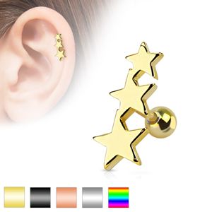 Ocelový piercing do tragu - tři hvězdy s kuličkou - Barva piercing: Zlatá
