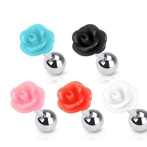 Ocelový piercing do ucha - motiv rozkvetlé růžičky z akrylu, kulička - Barva piercing: Růžová