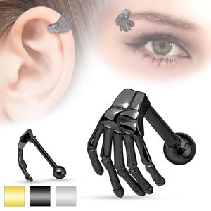 Ocelový piercing do ucha nebo obočí, kostra ruky, různé barvy - Barva: Černá