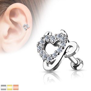 Ocelový piercing do ucha - srdce vykládané zirkony, čertovy růžky a ocásek - Barva piercing: Stříbrná