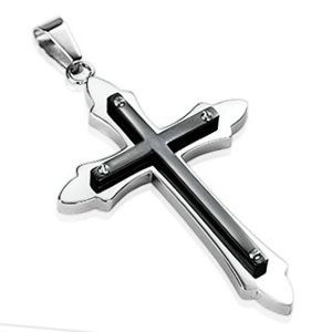 Ocelový přívěsek - ozdobný lesklý kříž s úzkým černým křížkem