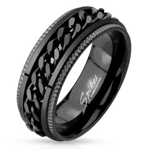 Ocelový prsten, černá barva, vroubkované okraje, řetízek uprostřed - Velikost: 68