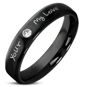 Ocelový prsten černé barvy - čirý třpytivý zirkon, nápis "Your, My Love", 3,5 mm - Velikost: 57