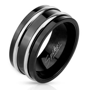 Ocelový prsten černé barvy - dvě tenké lesklé obruče stříbrné barvy - Velikost: 65