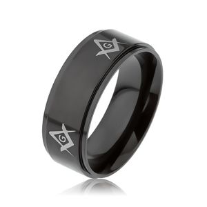 Ocelový prsten černé barvy, symboly svobodných zednářů na vyvýšeném pásu - Velikost: 59