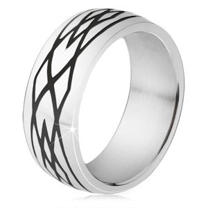 Ocelový prsten, černé zářezy, vzor z elips a kosočtverců - Velikost: 61