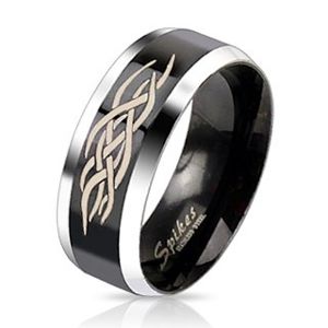 Ocelový prsten - černý pás s ornamentem - Velikost: 62