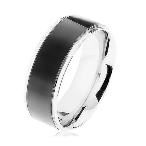 Ocelový prsten, černý pruh, lemy stříbrné barvy, vysoký lesk - Velikost: 59