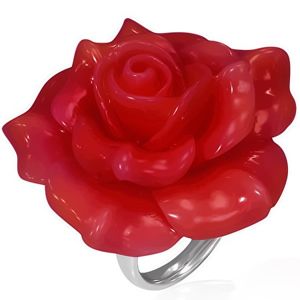 Ocelový prsten - červená rozkvetlá růže, živice - Velikost: 49